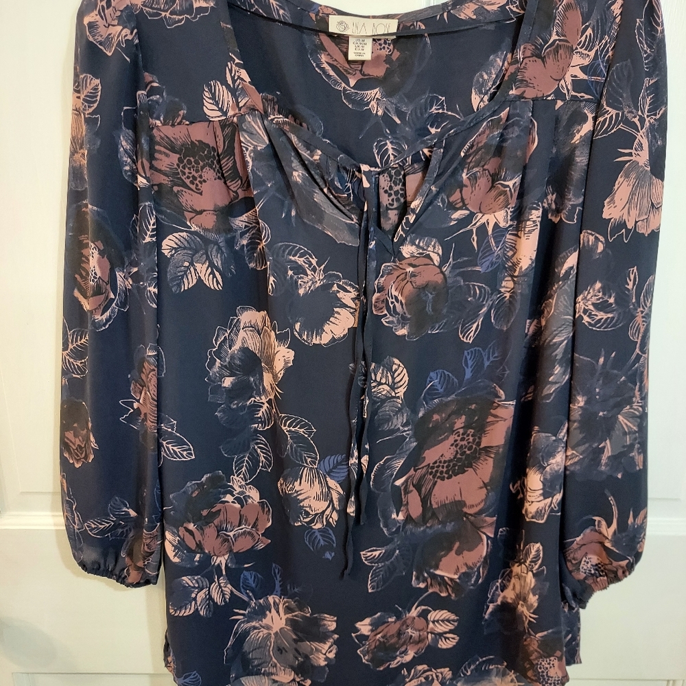 Lila Rose Blouse - Dark Blue, Mauve Floral